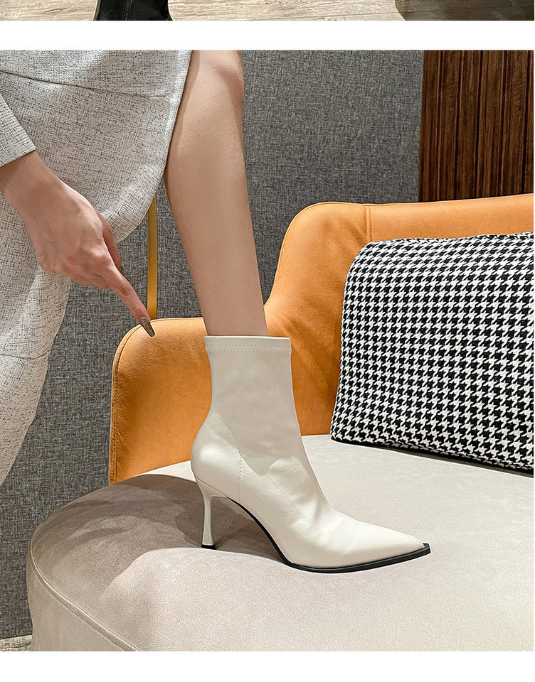 Bốt ngắn nữ mũi nhọn gót cao 6–8 cm chất liệu co giãn ôm chân, khóa kéo bên — Màu nâu, Màu nâu lót nhung, Màu trắng be, Màu đen chi tiết 8