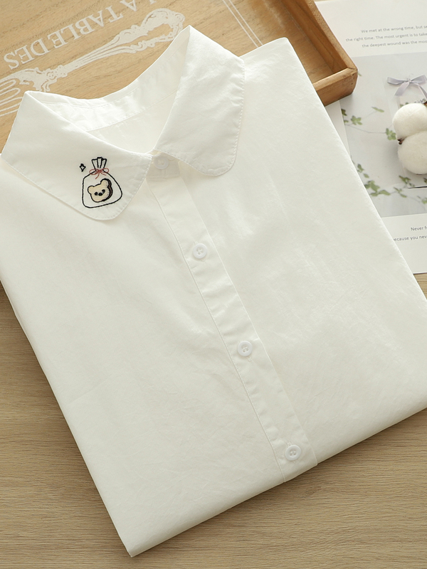 2026 Spring Artistic Fresh Style Cartoon Embroidered Bear Cookie Pure Cotton White Shirt Women's Long Sleeve Base Shirt for Students