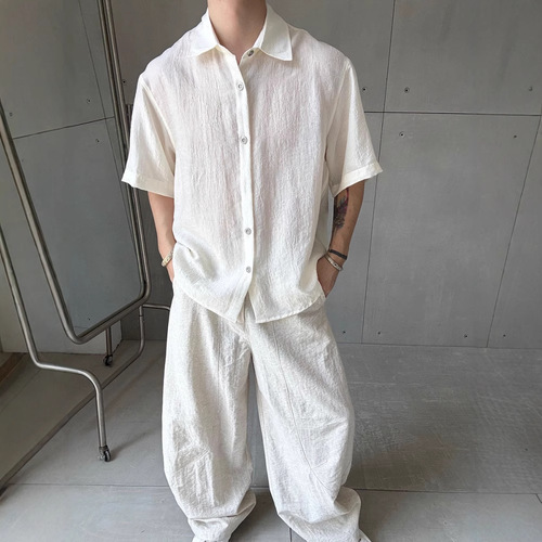 Textured vintage money style summer lazy style men's vacation casual loose short-sleeved shirt