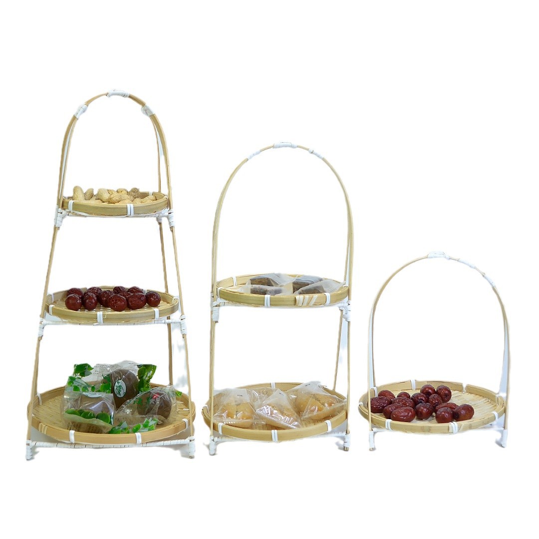 Cesta de bambú cesta de postre cesta de doble capa de pastelería de dos capas placa giratoria mesa de compromiso Cesta portátil restaurante estante de almacenamiento