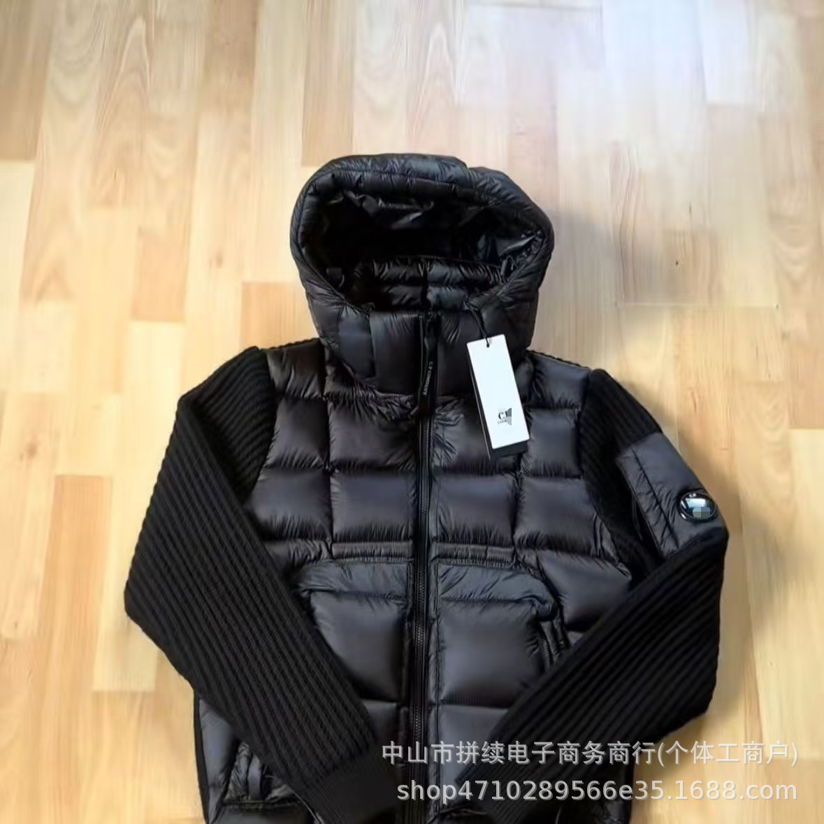 Foreign Trade Cross-Border C.P Knitted Patchwork Men's down Jacket with Hood and Zipper, American Style, Fleece-Lined, Unisex