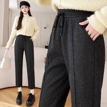 秋冬人字纹锥形裤加厚毛呢休闲裤女冬季高腰摇粒绒显瘦小脚九分裤