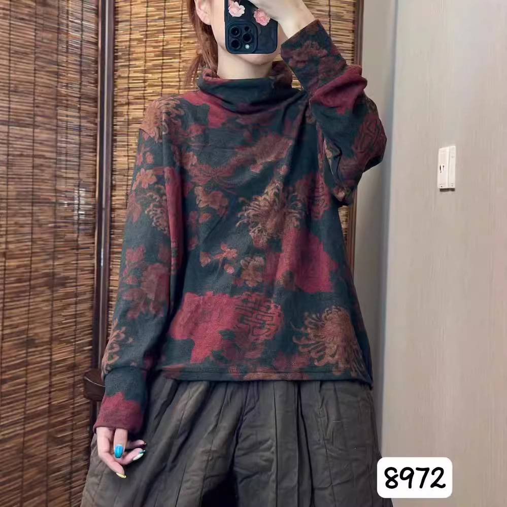 2024 년 가을과 겨울 새로운 예술적 올매치 인쇄 터틀넥 느슨한 긴팔베이스 티셔츠 최고 여성 8972