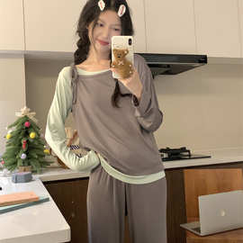 批发货源 新款睡衣女韩系个性撞色简约舒适套装可外穿休闲家居服