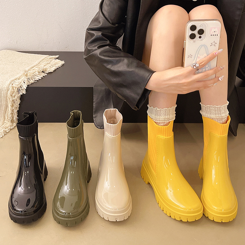 松紧带雨鞋女士时尚款外穿百搭防水雨靴厚底纯色简约防滑休闲套鞋|undefined