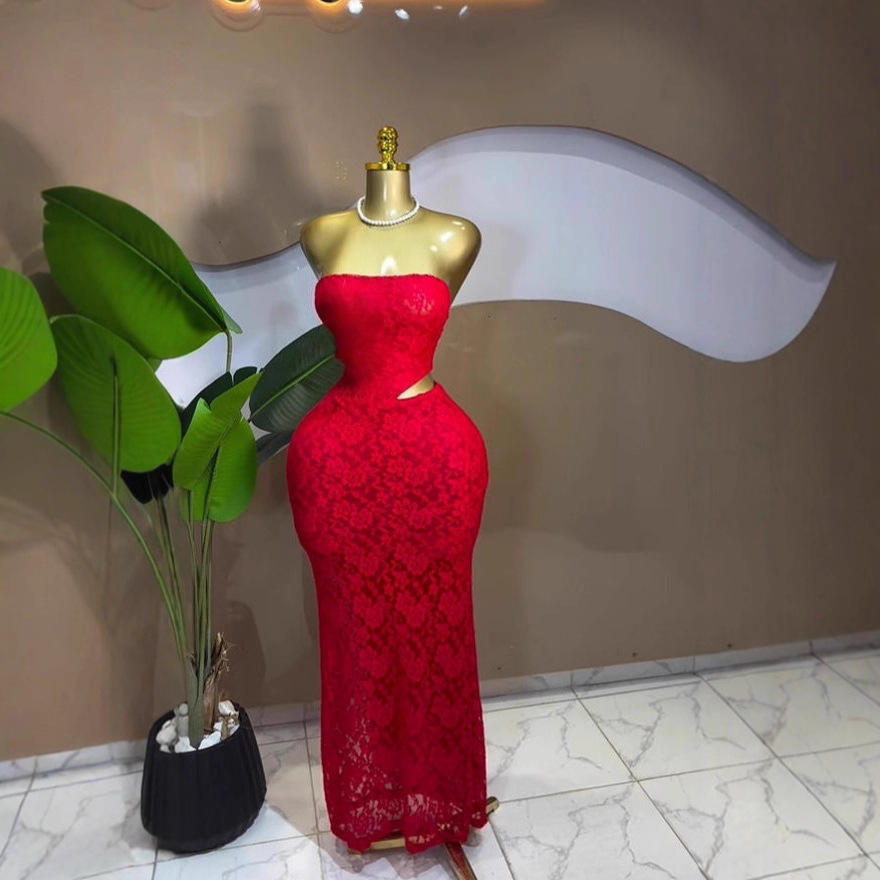 In-Stock European and American Dress Ins Women's 2026 New Elegant Lace Hollow-Out Strapless Sexy Evening Gown Long Dress