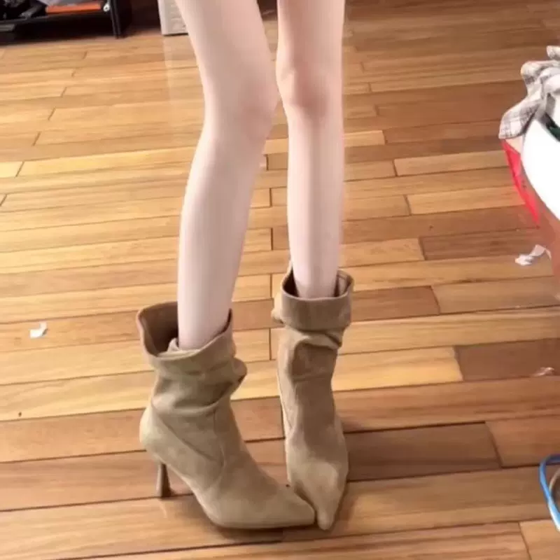 OMG！！显瘦堆堆靴细跟高跟中筒靴褶皱短靴子