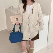 秋冬新款韩版纯色气质V领针织开衫女带口袋慵懒简约百搭毛衣外套