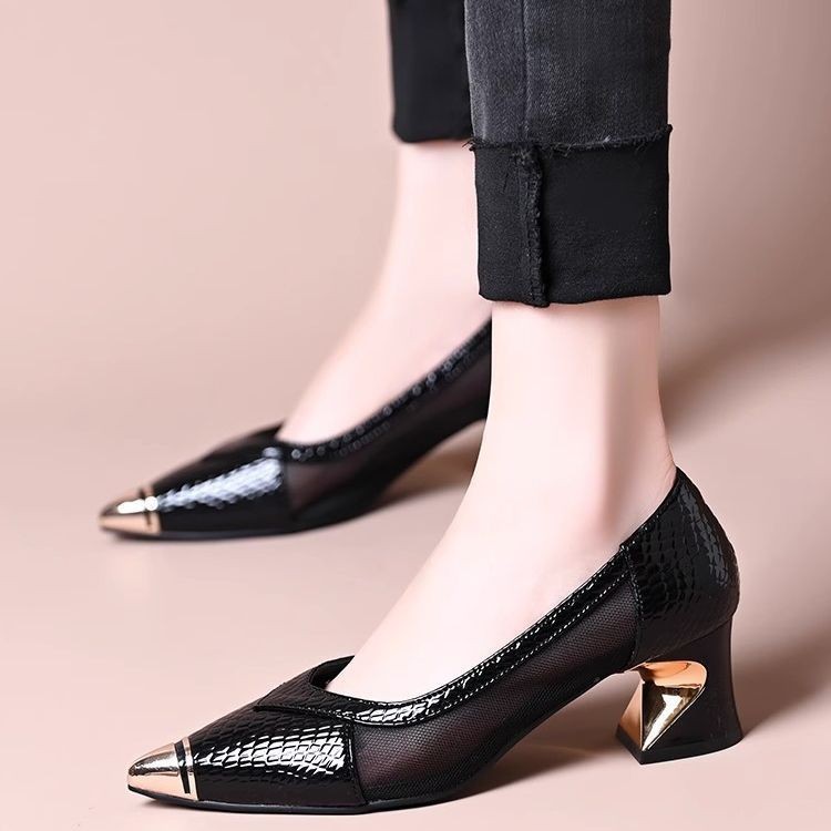 2025春夏新作女性用浅口シングルシューズ、片足ミッドヒール、馬蹄ヒール（5cm）、ポインテッドトゥレディースシューズ|undefined
