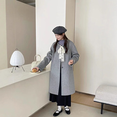 双面羊毛外套女秋冬2025新款小个子韩系蕾丝绑带双面羊绒大衣女