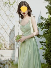 可甜可盐绿色吊带裙子女夏天2024新款小清新中式连衣裙设计感小众