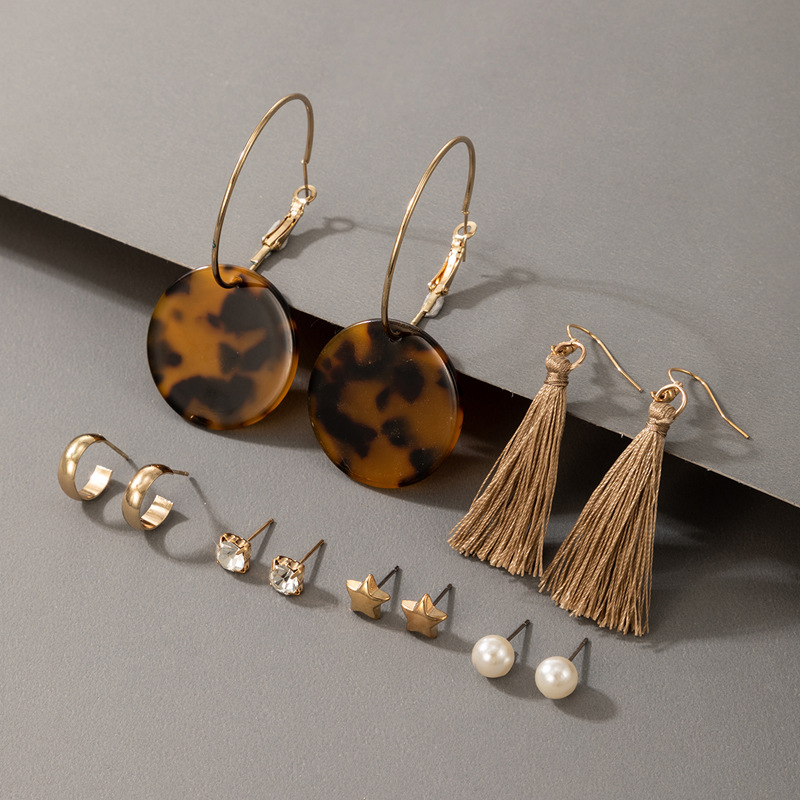 Fashion Jewelry Tortoiseshell Resin Tassel Pearl Star Diamond Six-piece Alloy Earrings display picture 2