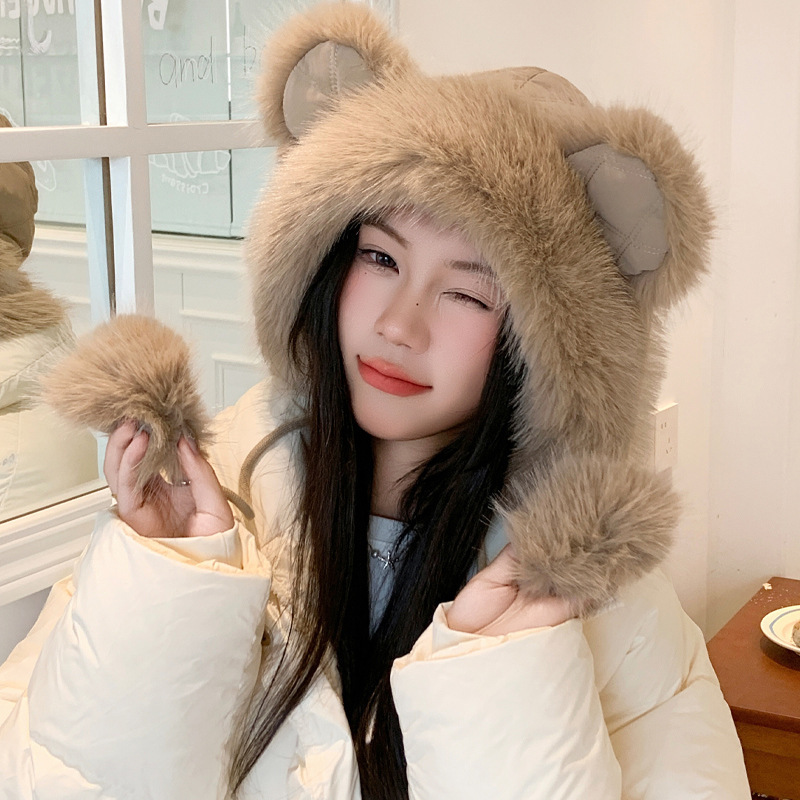冬季帽子女毛绒护耳保暖帽东北加绒加厚防寒帽可爱小熊耳朵雷锋帽|undefined