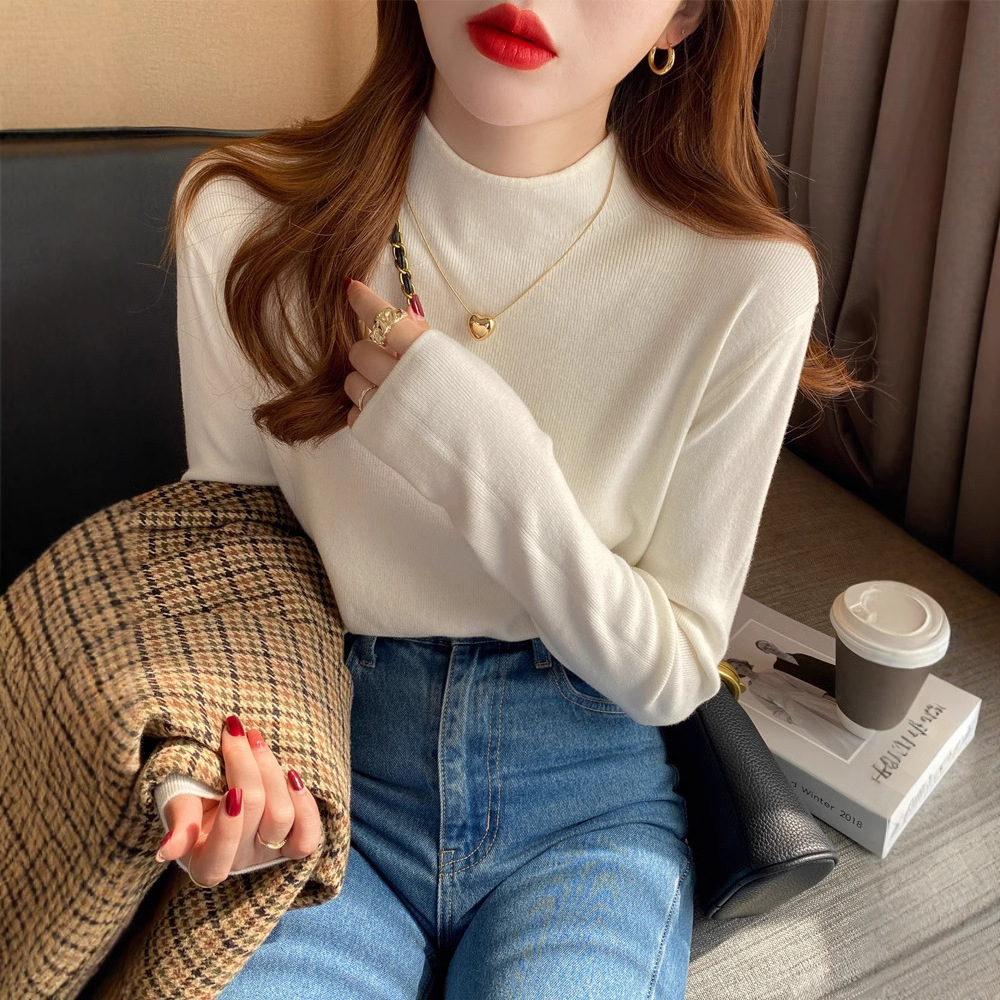 가을과 겨울을위한 두꺼운 고급 반 높이 목베이스 셔츠 기질 내부 울 긴팔 스웨터 슬림 핏 스웨터