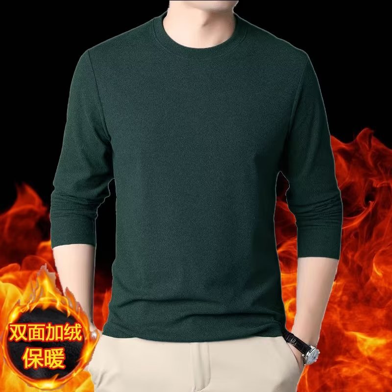 Origen Fabricante Calentador Ropa interior térmica Camiseta de camiseta para hombre Cuello redondo largo Otoño e invierno Camisa delgada de doble cara con base de terciopelo alemán