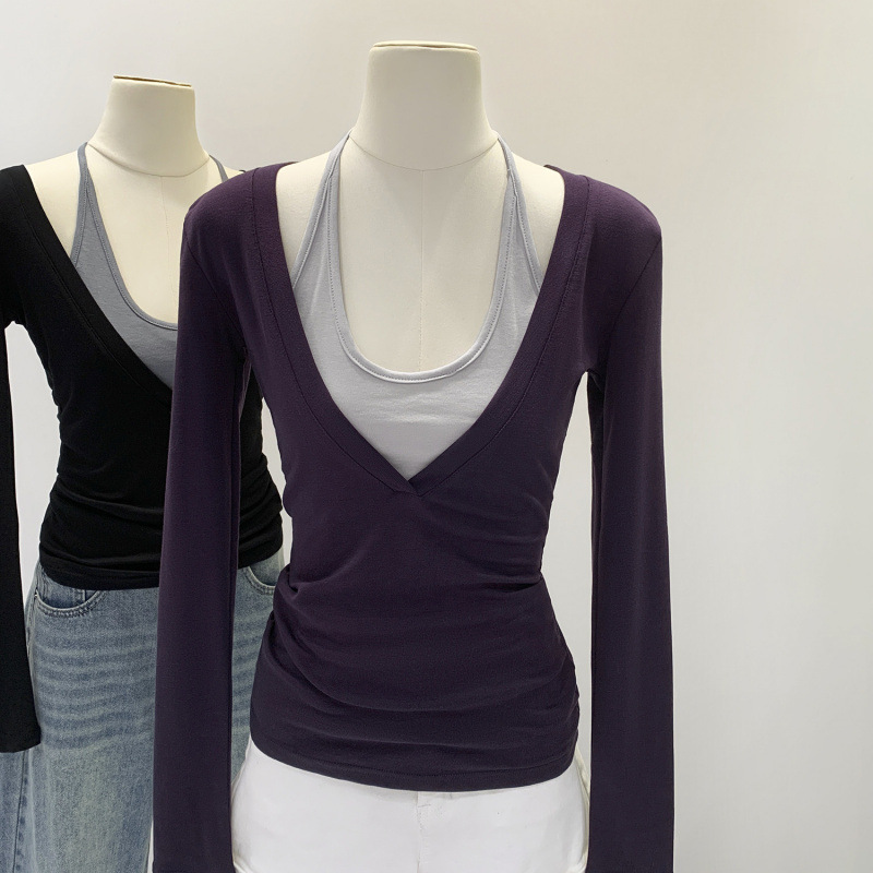 In-Stock Lyocell Tencel Unique Faux Two-Piece Halter Neck Long-Sleeve T-Shirt for Women, New Autumn Commuter Style, Non-Crowded Design for Spring