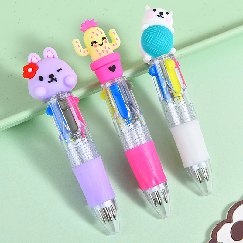Caricatura lindo gato conejo mini bolígrafo de cuatro colores multicolor en uno bolígrafo de cuentas multicolor para estudiantes premios papelería al por mayor
