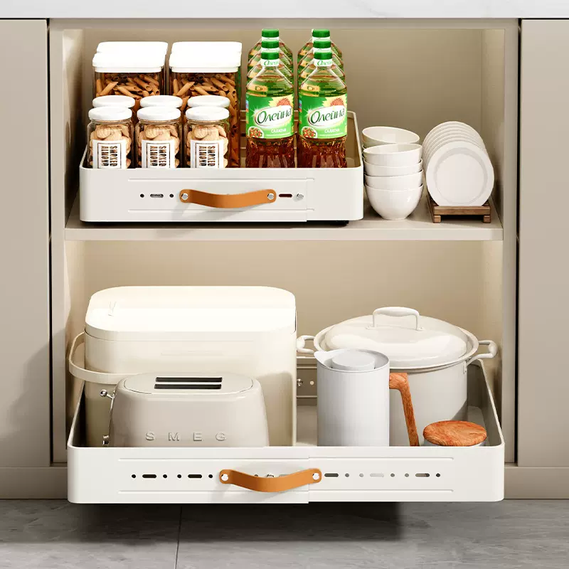 跨境可伸缩厨房抽拉式置物架下水槽拉篮橱柜子滑轨抽屉加厚收纳盒