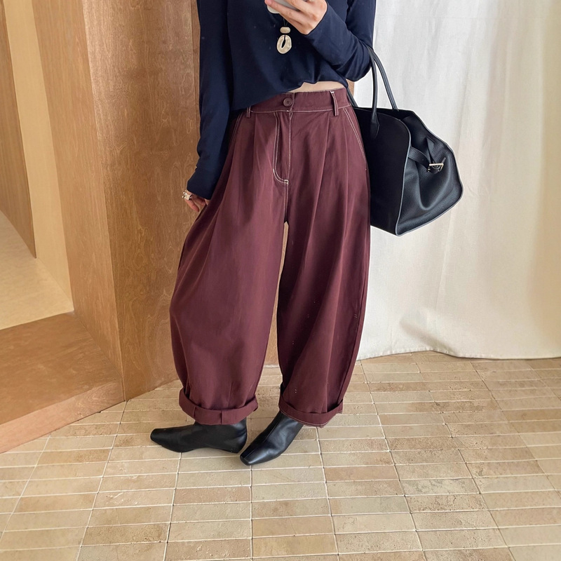 韩系明线设计弯刀休闲裤女2025秋季新款高腰宽松显瘦阔腿裤子|undefined