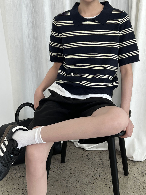 NS 韩系翻领针织条纹上衣女秋季新款显瘦通勤polo衫ss746|undefined