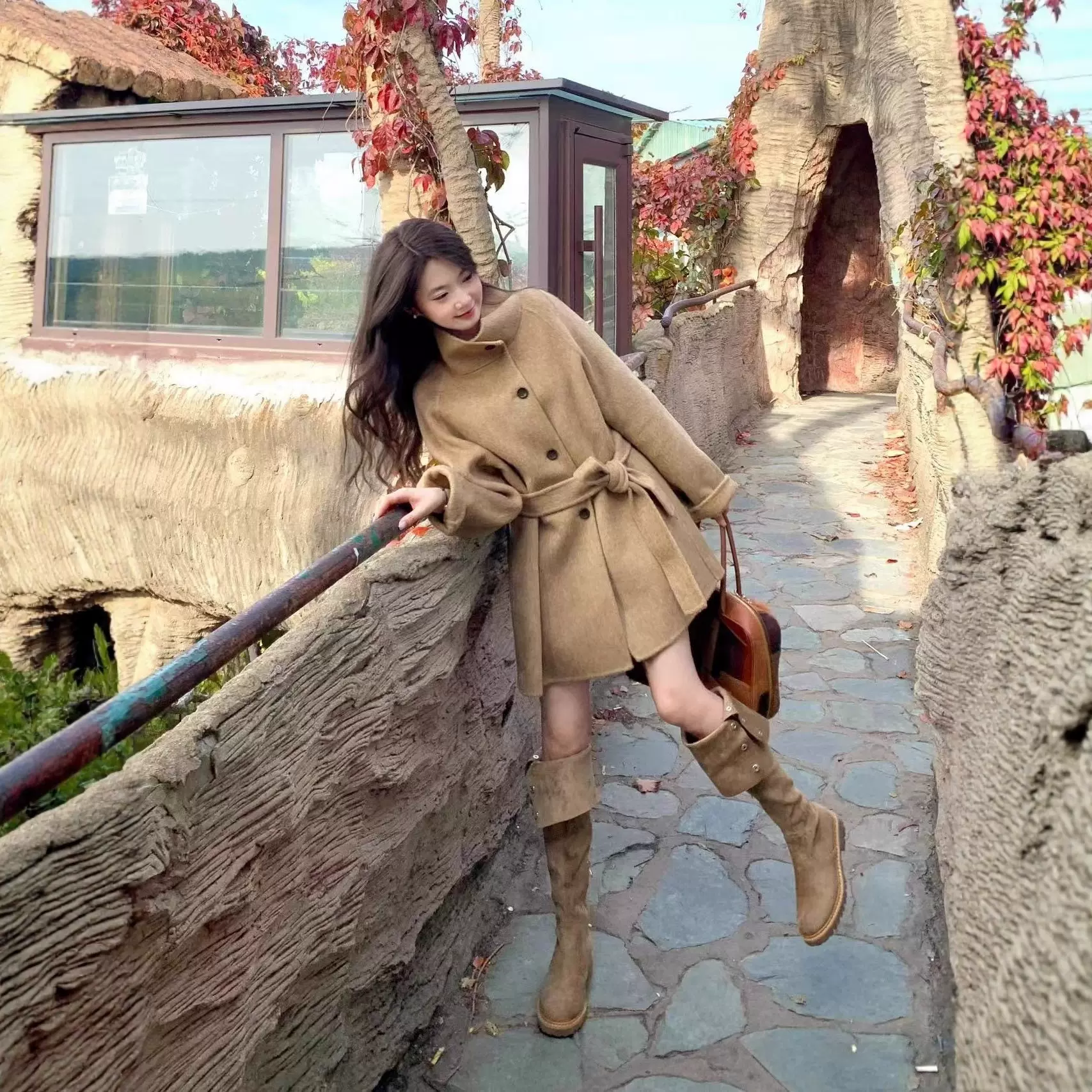 韩版时尚立领短款卡其色呢子大衣女秋冬季毛呢外套韩系气质小个子