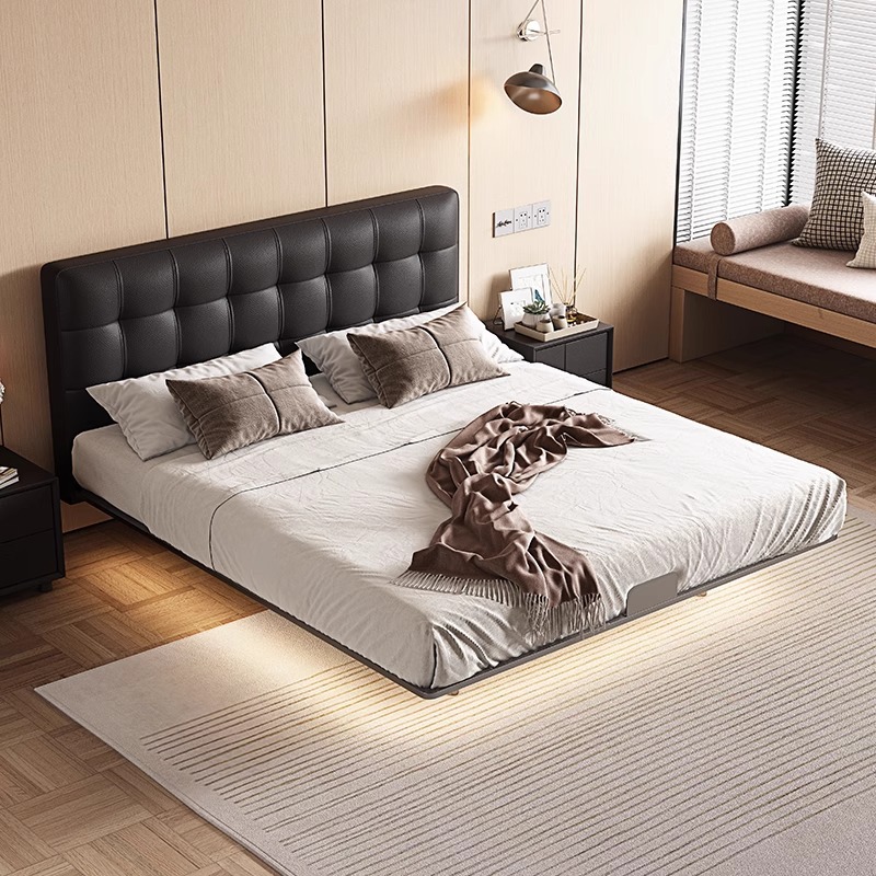 Waffle de acero cama flotante retro estilo medieval paquete suave dormitorio pequeño cama doble cama de cuero minimalista italiana