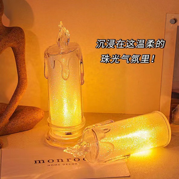 Ins-style transparent teardrop candle lamp with sparkling candles, bedside ambiance LED plugless simulation night light