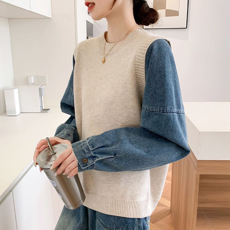 假两件牛仔衬衫袖拼接针织衫上衣女秋冬2025新款圆领宽松慵懒外穿|undefined