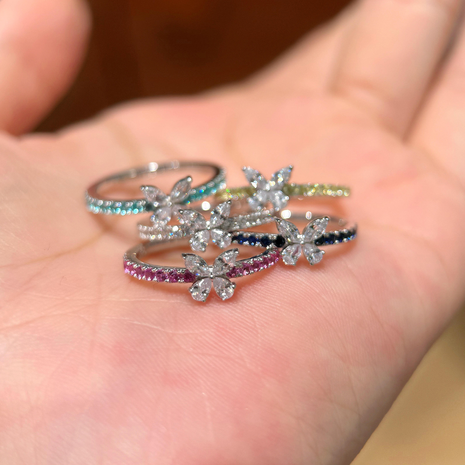 Dopamine Sweet Butterfly Paraiba Diamond Ring for Women, Colorful Gemstone Fashionable Exquisite Elegant High-End Ring