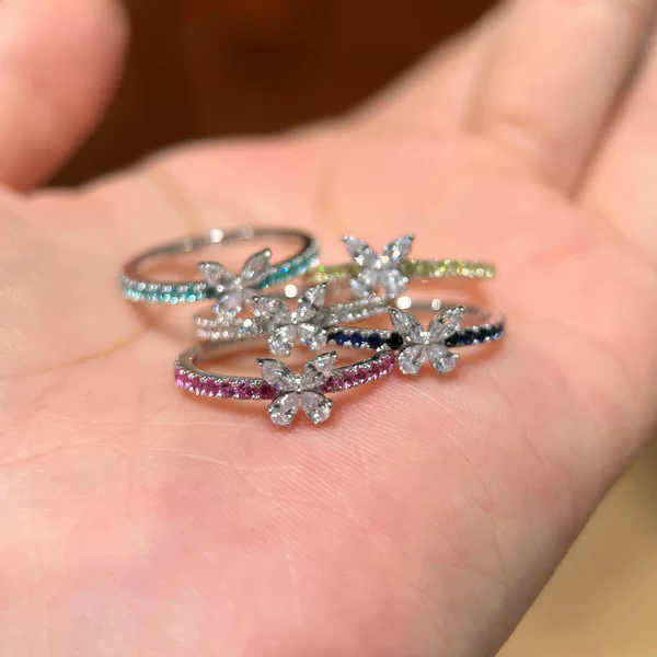 Dopamine Sweet Butterfly Paraiba Diamond Ring for Women, Colorful Gemstone Fashionable Exquisite Elegant High-End Ring
