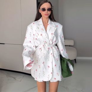European and American Cross-Border Women's Clothing 2025 Spring and Summer New Large Size Floral Loose Suit Collar Lace-Up Waist Suit Jacket