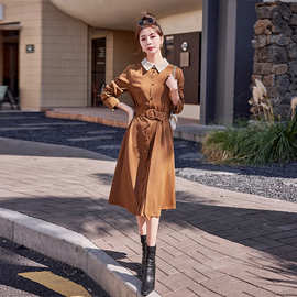 春秋装新品女装气质韩版修身拼接翻领长款时尚连衣裙 SY2523