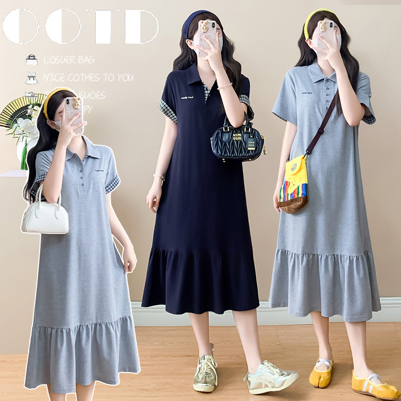 Maternity dress for summer, trendy new fashion for stylish moms, polo collar, casual turn-down collar, stylish maternity wear that doesn't show pregnancy