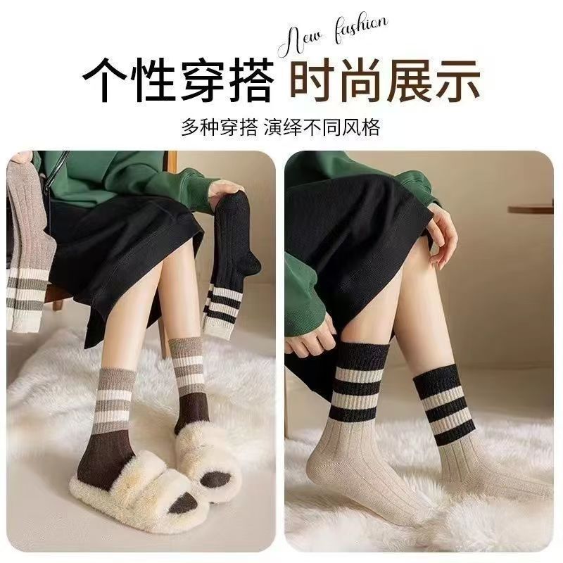 秋冬款袜子加厚保暖粗条纹中筒袜运动长筒袜春秋百搭学院风堆堆袜|undefined