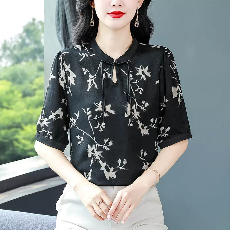 国风盘扣真丝小衫桑蚕丝新中式短袖上衣 高端大码女装妈妈装夏季