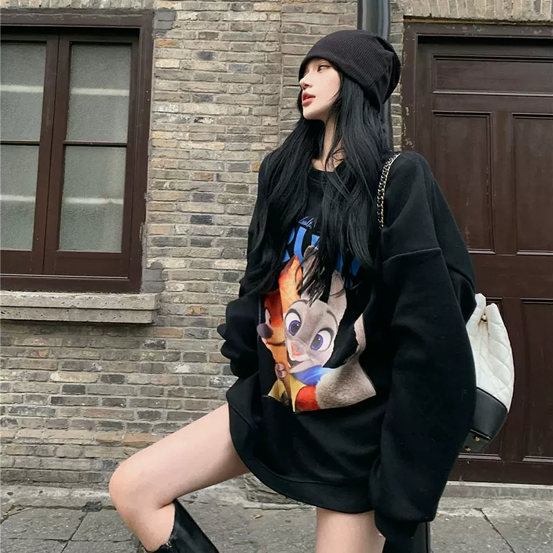 加绒卫衣女新款潮牌套头chic港风上衣中长款