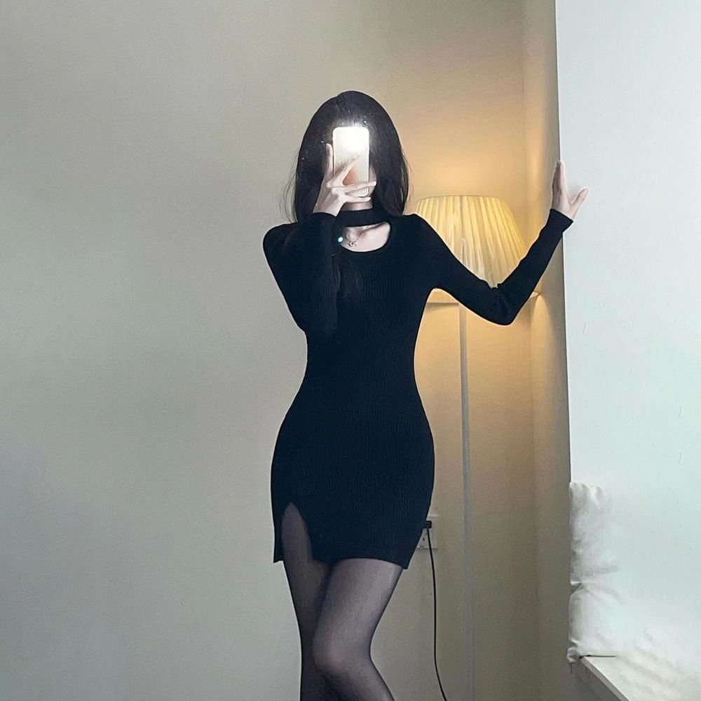 纯欲甜辣风开衩连衣裙女秋季新款修身显瘦百搭收腰打底包臂裙