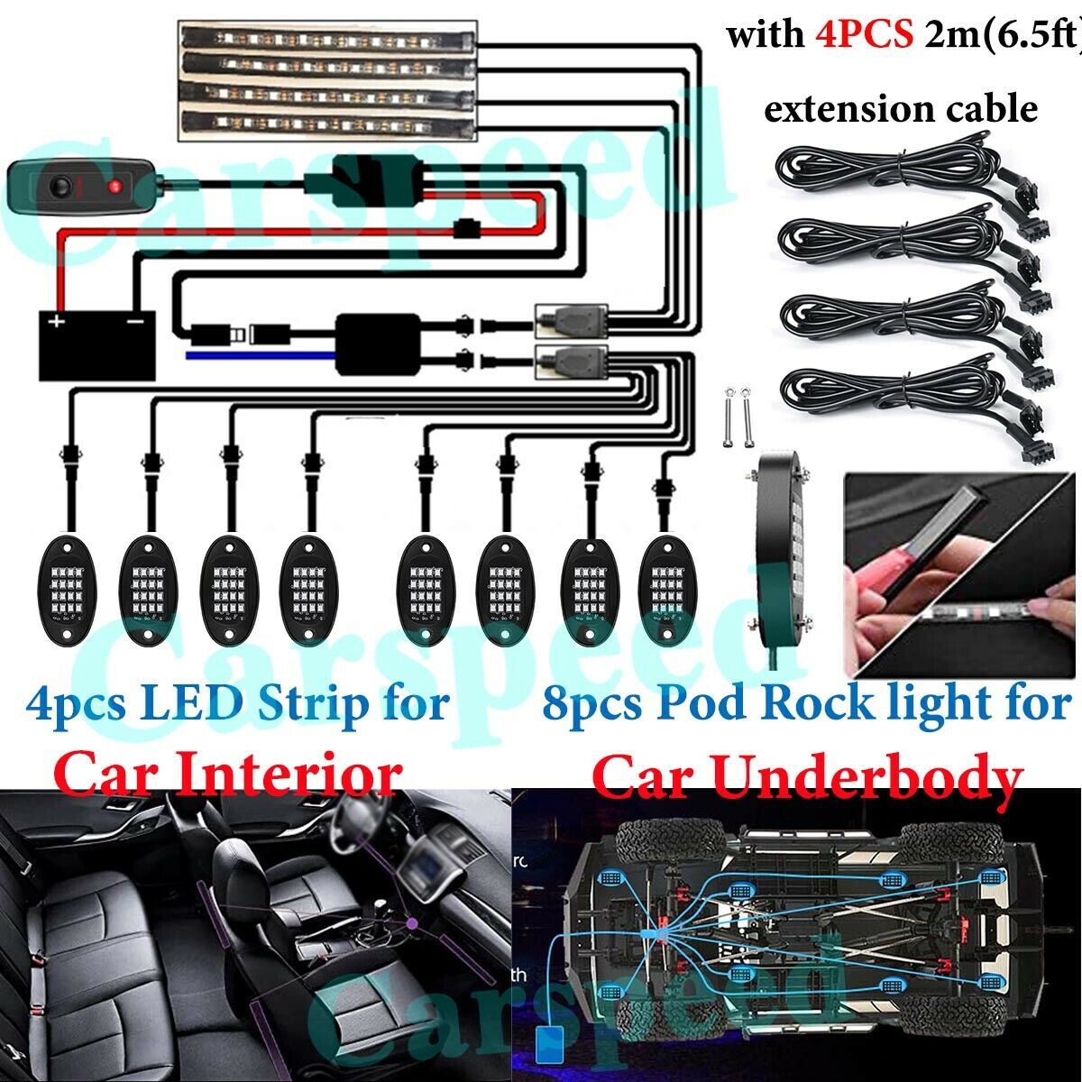 Transfronterizo 2 - en - 1 12PCS conjunto de una lámpara de chasis de color RGB conjunto de luz de atmósfera RGB barra de luz