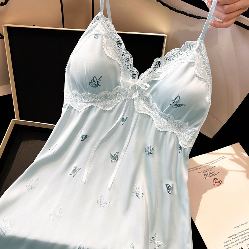 女性用サスペンダーナイトガウン、夏のアイスシルクホットスタンプバタフライハイエンドパジャマ、甘い女の子のシルクホーム服、インターネットセレブスタイル|undefined