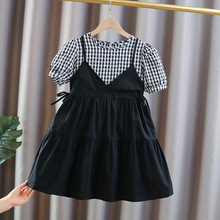 女童夏季新款短袖连衣裙洋气中大童韩版格子假两件裙子儿童棉布裙