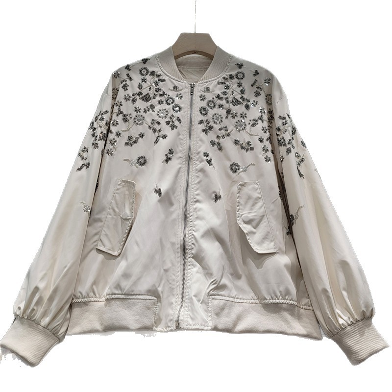 2026 primavera nueva dulce de moda chica cuentas plateadas bordadas flores sueltas chaqueta de abrigo corto