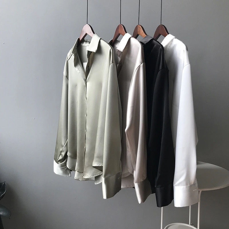 Women's Clothing acetate satin shirt women's glossy outer wear drape long sleeved shirt design niche light mature top spring_voghion.com