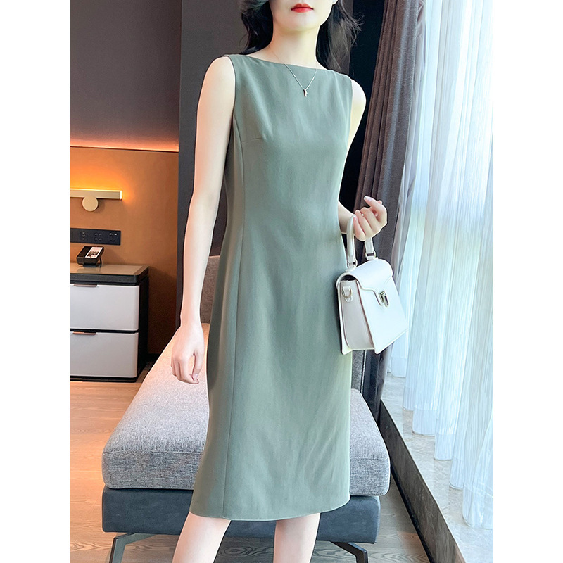 Big Sale Processing Slim Fit Triacetate Dress for Women Simple Pure Color Round Neck Elegant Sleeveless Vest Dress