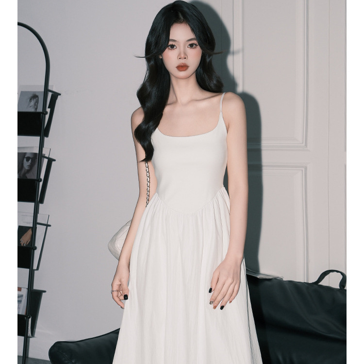 Forever 21 Gentle U-Neck Strap Dress for Women, Light Spring Waist-Cinching A-Line Long Dress, Korean Style First Love Little White Dress