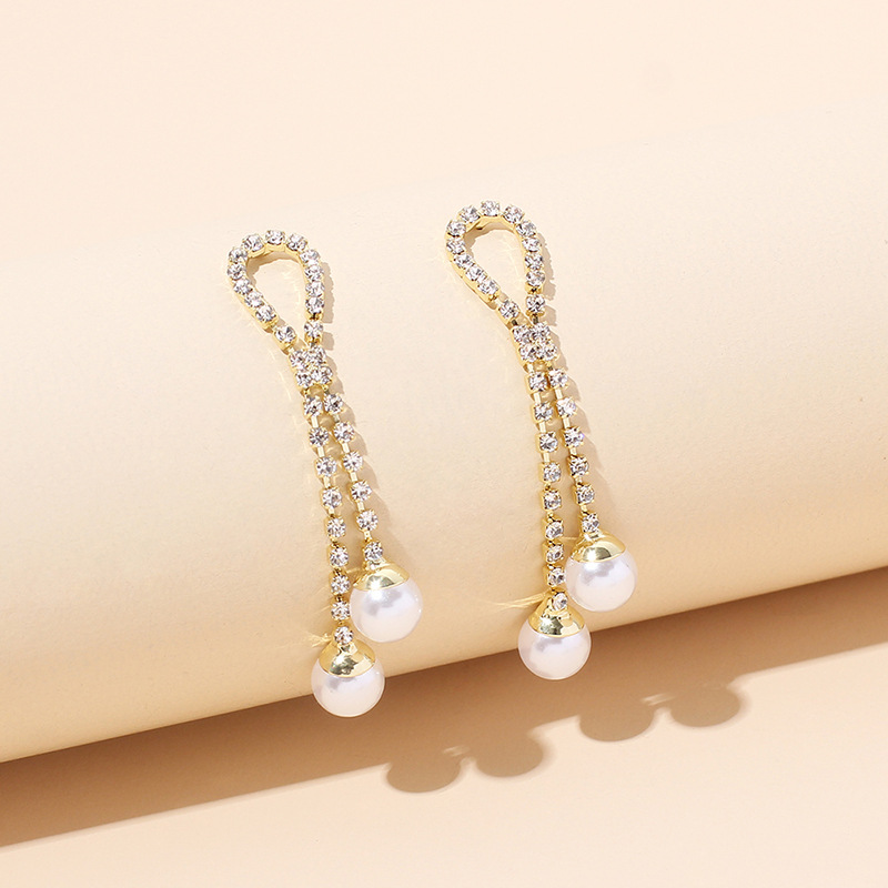 5g Weight Earrings Classification Wedding, Travel Occasion Women'S Gender Basic Style Gold Color Korean Rhinestone Pearl Long Tassel Earrings 3