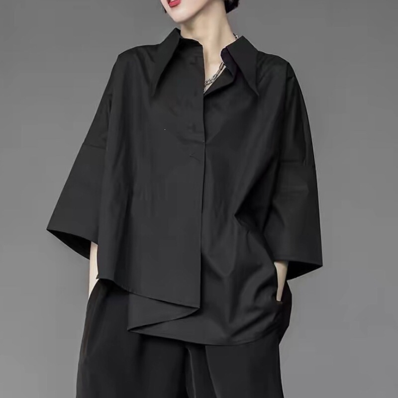 2025 Summer New Style Artistic Plus-Size Loose Asymmetrical Color Three-Quarter Sleeve Shirt Women's Blouse Top