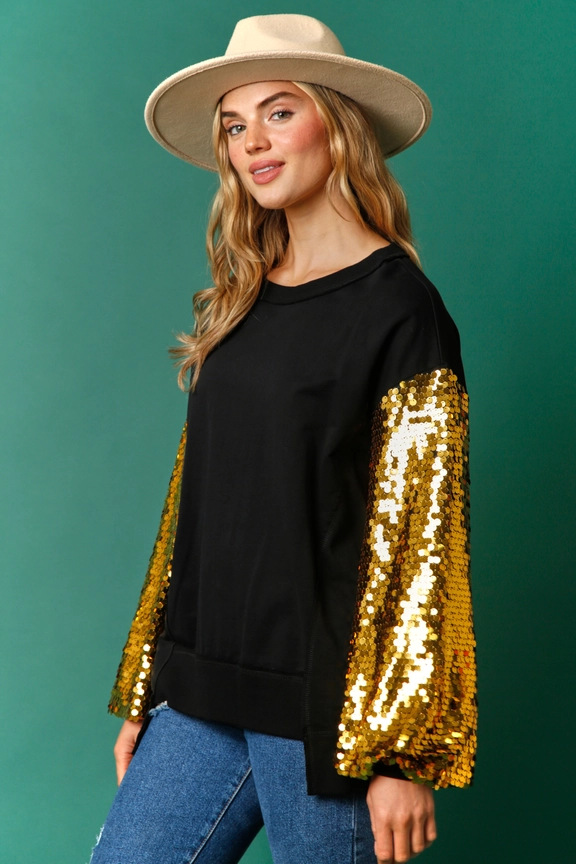 Autumn Winter Christmas Sequined Sleeve Top Stitching Long Sleeve Trendy Sweatshirt Women