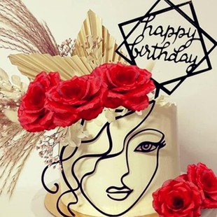 9 Pieces Black Acrylic Face Cake Card suit Mother's Day Birthday Rose Flower Cake Decoration