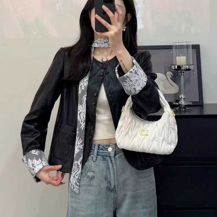 Lace Black Stitching Korean Style Leather Jacket Fashion Jacket Women's Spring New Round Neck Single Row New Jacket