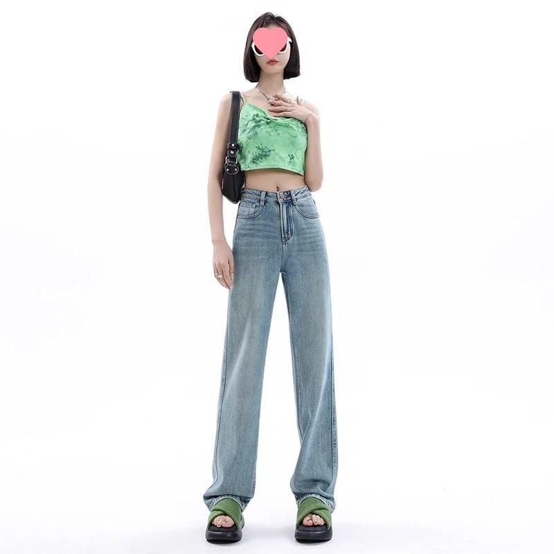 秋季爆款窄版阔腿牛仔裤女2025新款高腰显瘦浅色小个子直筒拖地裤|undefined